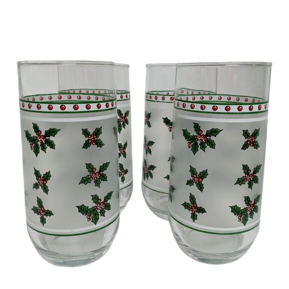 🎄🎅🏼Vintage Frosted Christmas Holly Glasses (Set of 4) Libbey - Picture 10 of 10